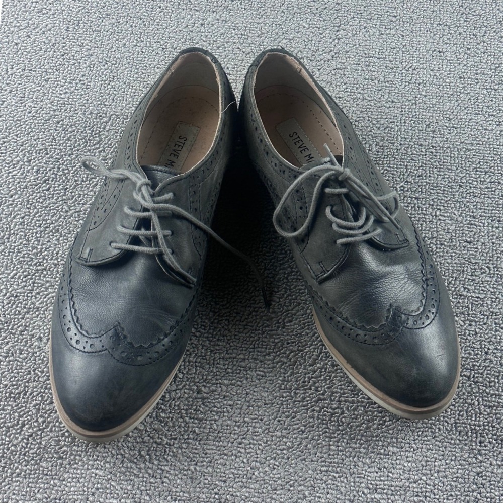 Steve Madden Oxford Flats Women 6.5 Black Areetta Leather Wingtip Business Work